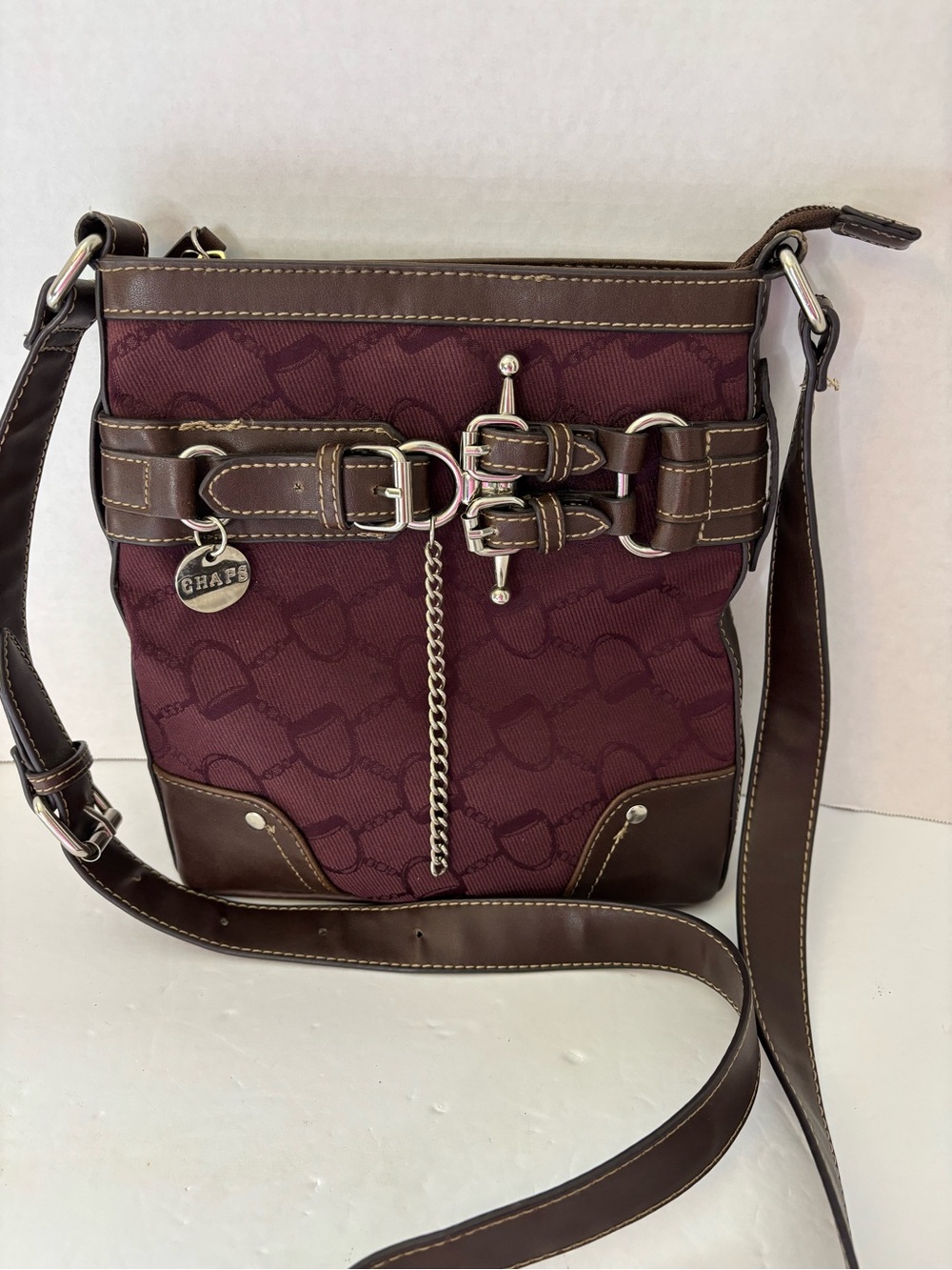 Chaps Burgundy Crossbody Bag with Brown Trim and Silver Accents